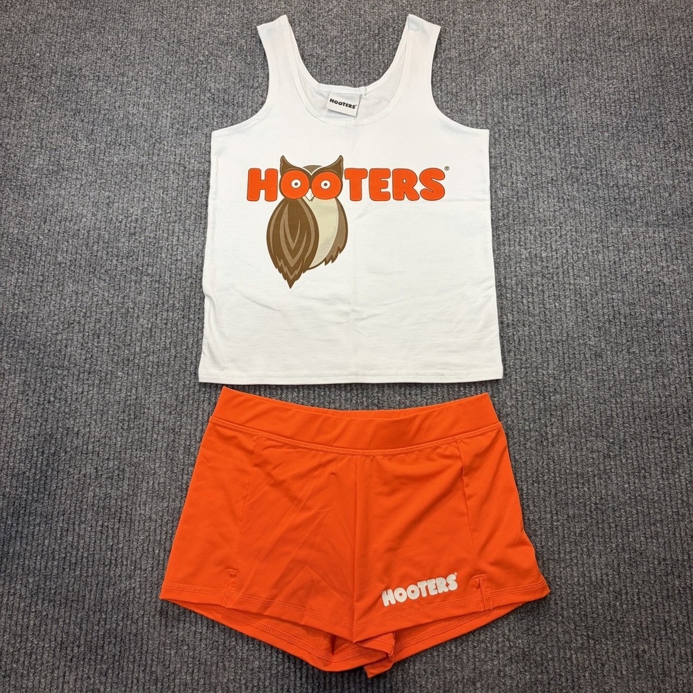 Hooters Uniform Costume Womens Medium Orange White Tank Shorts Set Halloween
